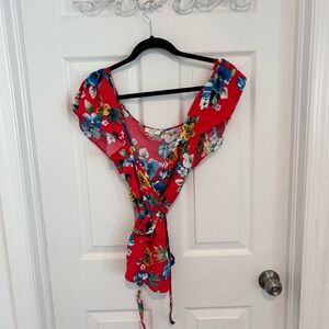 love J Red Floral Tie-Front Wrap Top
